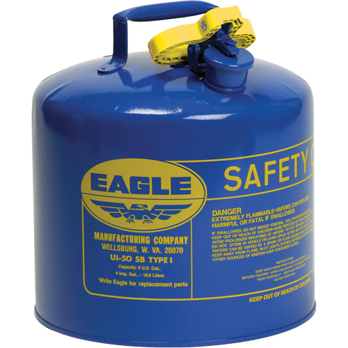 Safety Can for Kerosene, Galvanized Steel, Capacity, 5 US gal., Colour, Blue, Type, I, Standard(s) Met, 7 lbs., Additional Certification(s), OSHA, NFPA, CARB, Exterior Dimensions