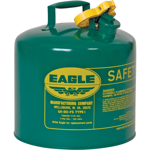 Safety Can for Combustibles, Galvanized Steel, Capacity, 5 US gal., Colour, Green, Type, I, Standard(s) Met, 7 lbs., Additional Certification(s), OSHA, NFPA, CARB, Exterior Dimensions