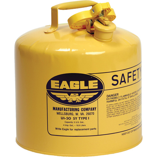 Safety Can for Diesel, Galvanized Steel, Capacity, 5 US gal., Colour, Yellow, Type, I, Standard(s) Met, 7 lbs., Additional Certification(s), OSHA, NFPA, CARB, Exterior Dimensions