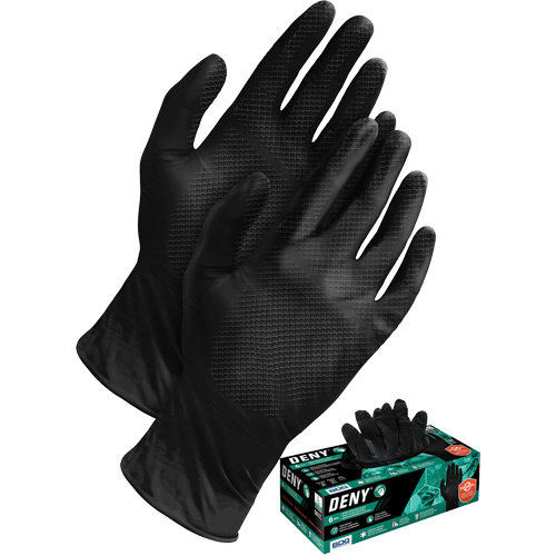 Deny® Disposable Gloves, Box of 50, Small, Material, Nitrile, Length, 12", Thickness, 6-mil, Finish, EN 374-1 - Type B, EN 374:2016-5 VIRUS, EN 374-2 - Pass (Air, Water), EN 374-1 Test Chemicals, JKPT, AQL