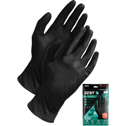 Deny® Disposable Gloves, Pack of 10, 3X-Large, Material, Nitrile, Length, 12", Thickness, 6-mil, Finish, EN 374-1 - Type B, EN 374:2016-5 VIRUS, EN 374-2 - Pass (Air), EN 374-1 Test Chemicals, JKPT, AQL