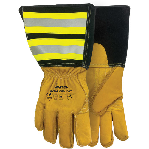 Powerline Water-Resistant Gloves, Pair, Medium, Fabric Weight, Heavy Weight, Shell Material, Leather, Inner Lining, Cutshield™, Cuff Style, ANSI/ISEA 105 Level A7, Abrasion Resistance, ANSI/ISEA 105 Level 4, EN388 Level 2, Puncture Resistance