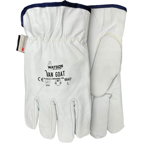 9547 Van Goat Cut Protection Gloves, Pack of 6, 2X-Large, Inner Lining, Thinsulate™/Para-Aramid/Steel/Polyester, Leather Palm Type, Grain Goatskin, ANSI/ISEA 105 Level A7 & EN 388 Level F, Abrasion Resistance, ANSI/ISEA 105 Level 5 & EN 388 Level 3, Tearing Strength