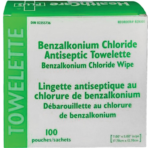 Box of 100, Towelette, Purpose, Antiseptic, Medical Device Class, Non-Medical, 0.13% Benzalkonium Chloride, Length, 8", Width