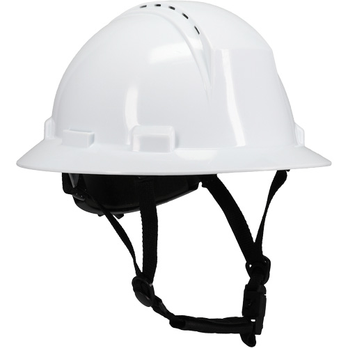 Kilimanjaro™ Full Brim Safety Helmet with HDPE Shell, Case of 12, Ratchet, Suspension Points, 4-Points, Colour, White, Venting Type, Vented, Meets/Exceeds Certifications