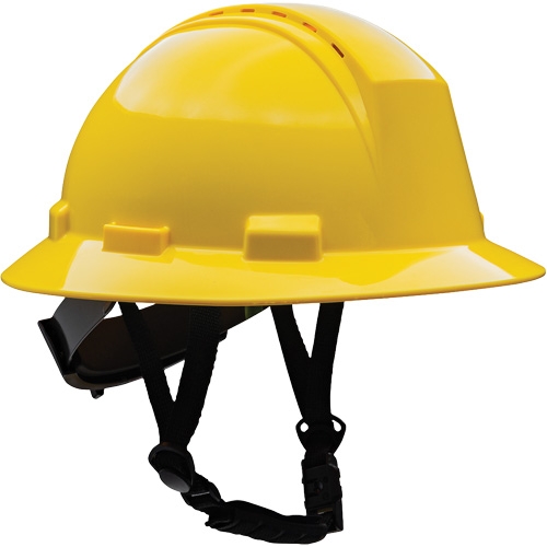 Kilimanjaro™ Full Brim Safety Helmet with HDPE Shell, Case of 12, Ratchet, Suspension Points, 4-Points, Colour, Yellow, Venting Type, Vented, Meets/Exceeds Certifications