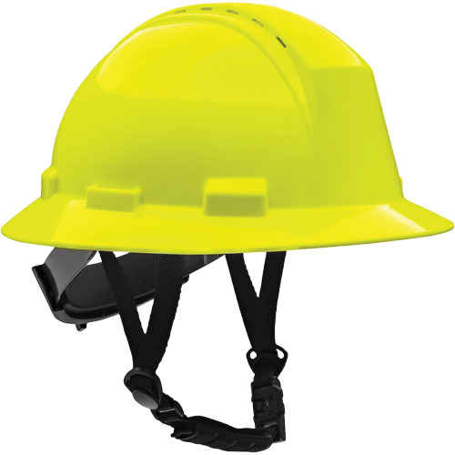 Kilimanjaro™ Full Brim Safety Helmet with HDPE Shell, Case of 48, Ratchet, Suspension Points, 4-Points, Colour, High Visibility Yellow, Venting Type, Vented, Meets/Exceeds Certifications