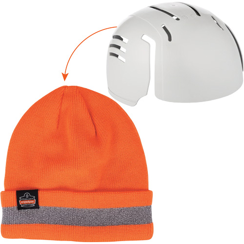 N-Ferno® Reflective Rib Knit Winter Hat & Bump Cap Insert, Each, Acrylic, Lining Material, Acrylic, Colour, Orange, Size, Medium/Small, Zipper, Construction, Bump Cap Compartment, Insulated, Reflective Accents, Protection Type