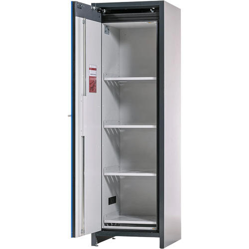 Lithium-ion Storage Cabinet with 90-Minute Fire Resistance, Each, Blue/Grey, No. of Doors, 1, No. of Shelves, 4, Door Type, Self-Closing, Width, Lithium Batteries, Lithium-ion Battery, Energy Containment Rating, 1.1 kWh per Shelf, 5.5 kWh per Cabinet, Fire Rating