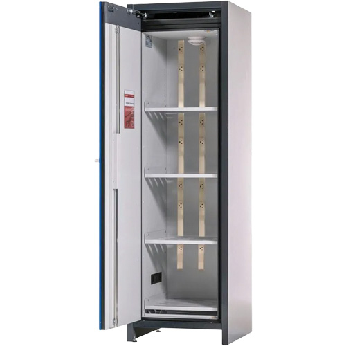 Lithium-ion Storage Cabinet with Charging & 90-Minute Fire Resistance, Each, Blue/Grey, No. of Doors, 1, No. of Shelves, 4, Door Type, Self-Closing, Width, (2) Power Strips with (10) Sockets Each; (1) Bottom Collecting Sump; (1) Smoke Detector, Application, Lithium Batteries, Lithium-ion Battery, Energy Containment Rating