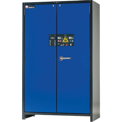 Lithium-ion Storage Cabinet with Charging & 90-Minute Fire Resistance, Each, Blue/Grey, No. of Doors, 2, No. of Shelves, 3, Door Type, Self-Closing, Width, (2) Power Strips with (10) Sockets Each; (1) Bottom Collecting Sump; (1) Smoke Detector, Application, Lithium Batteries, Lithium-ion Battery, Outlet Type