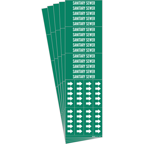 "Sanitary Sewer" Pipe Markers, Each, Vinyl, Colour, White on Green, Pipe Diameter, 0" - 3/4", Label Height, 2-1/4", Label Width, 3