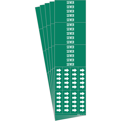 "Sewer" Pipe Markers, Each, Vinyl, Colour, White on Green, Pipe Diameter, 0" - 3/4", Label Height, 2-1/4", Label Width, 3