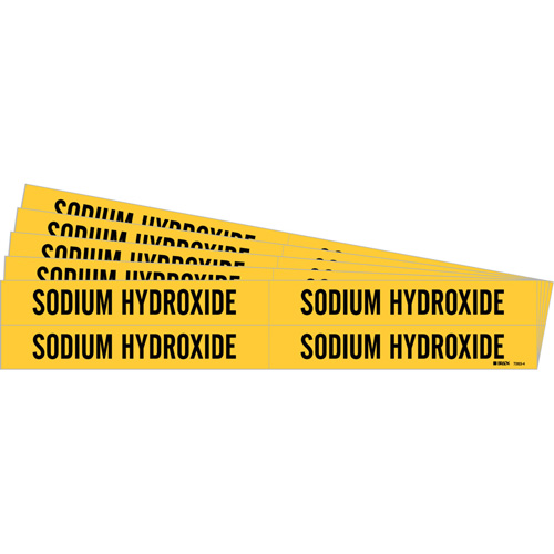 "Sodium Hydroxide" Pipe Markers, Each, Vinyl, Colour, Black on Yellow, Pipe Diameter, 3/4" - 2-3/8", Label Height, 1-1/8", Label Width, 4