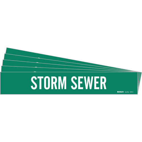 "Storm Sewer" Pipe Marker, Each, Vinyl, Colour, White on Green, Pipe Diameter, 2-1/2" - 7-7/8", Label Height, 2-1/4", Label Width