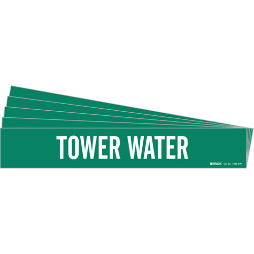 "Tower Water" Pipe Marker, Each, Vinyl, Colour, White on Green, Pipe Diameter, 8" - 20", Label Height, 4", Label Width