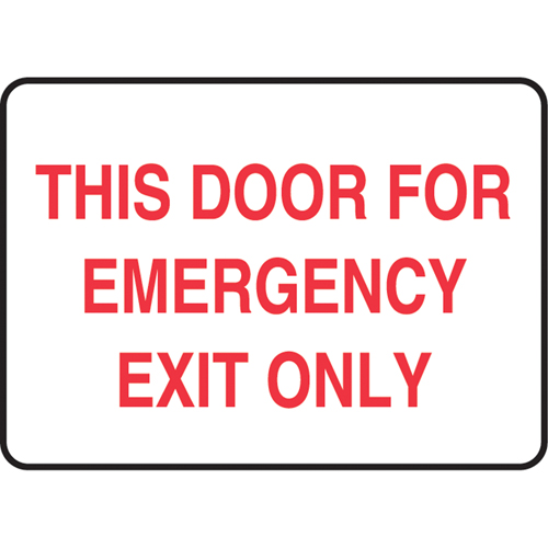 "Door For Emergency Exit" Sign, Each, Aluminum, Height, 10", Width, 14", Display Type, Bolt-On, Language