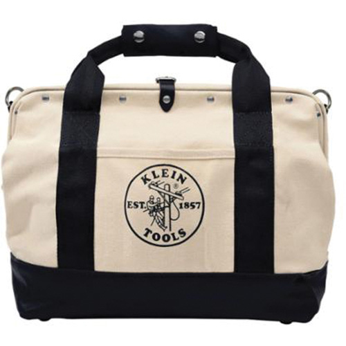 18" Tool Bag with Leather Bottom, Each, Natural/Black, Material, Canvas, No. of Pockets, 11, Shoulder Strap Mounts; External Pocket; Leather Bottom; Leather Handle Wrap; External Tool Loop Handle, Dimensions, 18" L x 14" H x 6" W, No. of Retaining Straps