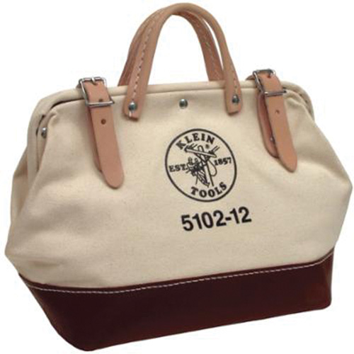 12" Heavy-Duty Tool Bag, Each, Natural/Brown, Material, Canvas, No. of Pockets, 1, Leather Strap with Pad & Snap Hooks; Rings & Fasteners for Attaching Rings to Bags, Dimensions, 12" L x 10" H x 6" W, Closure Type
