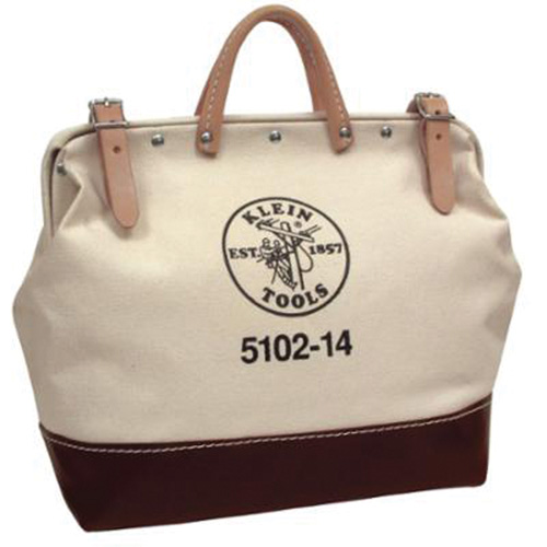 14" Heavy-Duty Tool Bag, Each, Natural/Brown, Material, Canvas, No. of Pockets, 1, Leather Strap with Pad & Snap Hooks; Rings & Fasteners for Attaching Rings to Bags, Dimensions, 14" L x 14" H x 6" W, Closure Type