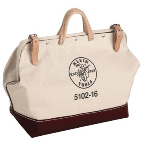 16" Heavy-Duty Tool Bag, Each, Natural/Brown, Material, Canvas, No. of Pockets, 1, Leather Strap with Pad & Snap Hooks; Rings & Fasteners for Attaching Rings to Bags, Dimensions, 16" L x 14" H x 6" W, Closure Type