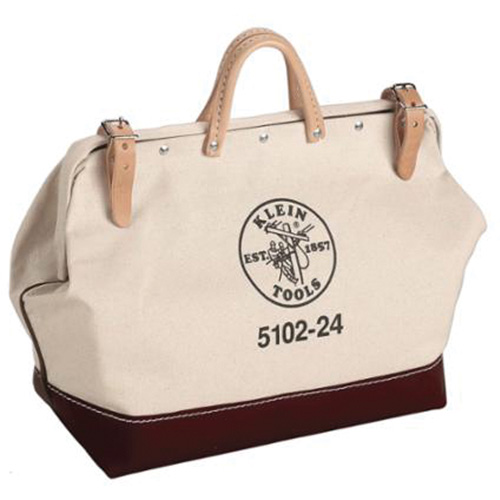 24" Heavy-Duty Tool Bag, Each, Natural/Brown, Material, Canvas, No. of Pockets, 1, Leather Strap with Pad & Snap Hooks; Rings & Fasteners for Attaching Rings to Bags, Dimensions, 24" L x 15" H x 6" W, Closure Type