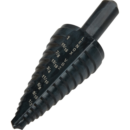 #2 Step Drill Bit, Each, High Speed Steel, Max. Drill Size, 1", Min. Drill Size, 1/8", Drill Increment, 1/16", Overall Length, Black Oxide
