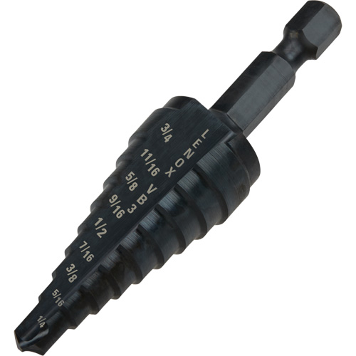 #3 Step Drill Bit, Each, High Speed Steel, Max. Drill Size, 3/4", Min. Drill Size, 1/4", Drill Increment, 1/16", Point Angle, Black Oxide