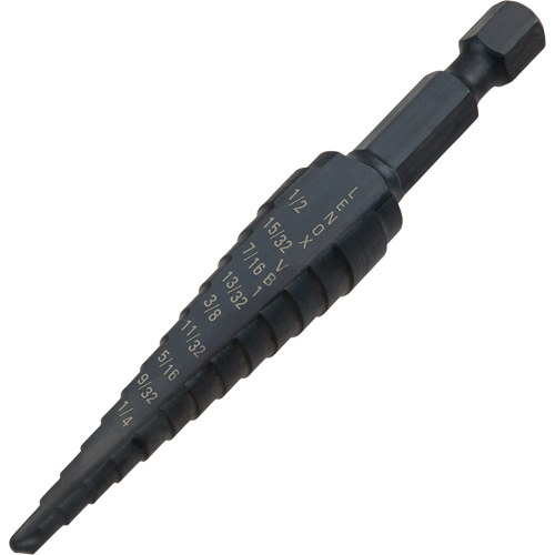 #1 Step Drill Bit, Each, High Speed Steel, Max. Drill Size, 1/2", Min. Drill Size, 1/8", Drill Increment, 1-3/2", Overall Length, Black Oxide
