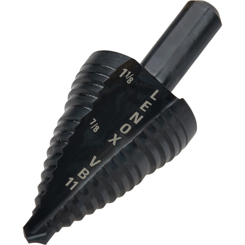 #11 Step Drill Bit, Each, High Speed Steel, Max. Drill Size, 1-1/8", Min. Drill Size, 7/8", Drill Increment, 1/4", Overall Length, Black Oxide