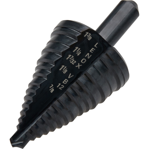 #12 Step Drill Bit, Each, High Speed Steel, Max. Drill Size, 1-3/8", Min. Drill Size, 7/8", Drill Increment, 3/8", Point Angle, Black Oxide