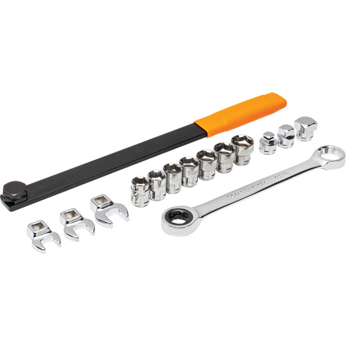 15 Piece Ratcheting Serpentine Belt Tool Set, Each, Long bar Ratcheting wrench Adapters (3/8"  1/2"   3/4"); 6-Point sockets (13 mm/14 mm/15 mm/16 mm/17 mm/18 mm/19 mm); Crowfoot sockets (13 mm/14 mm/15 mm); Blow mold case, Drive Tang Size, 3/8", Finish