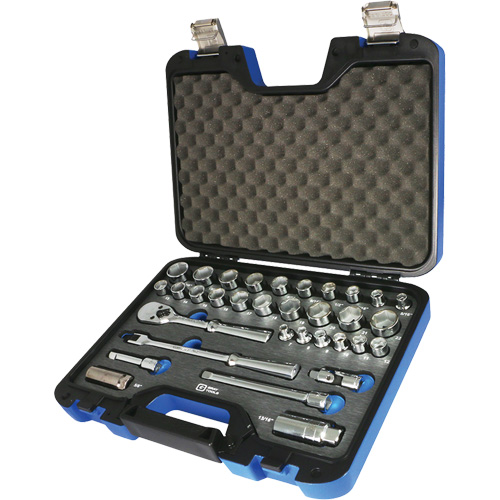 Socket & Attachment Set, Each, 3/8", Type, Hand/Standard, Length, Standard, No. of Pieces, 33, 6 Point, Overall Dimensions, 13-1/2" L x 10-3/4" W x 3" H, Weight