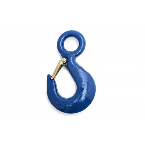 Hoist Hook, Each, Eye Sling Hook w/Latch, For Chain Diameter Size, 1-21/32", Working Load Limit, 4000 lbs. (2 tons), Material, Forged Carbon Steel, Grade, #29, Colour, Blue, Latch Marking