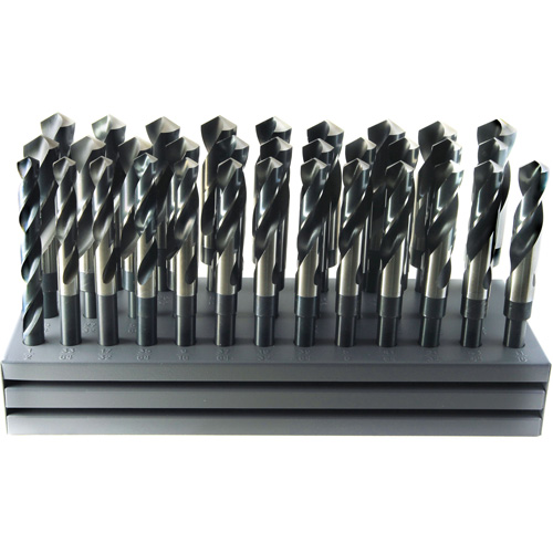 Drillco® S & D Flat Drill Bit Set with Stand, Each, 32, Material, High Speed Steel, 1/2", Finish, Bright & Black