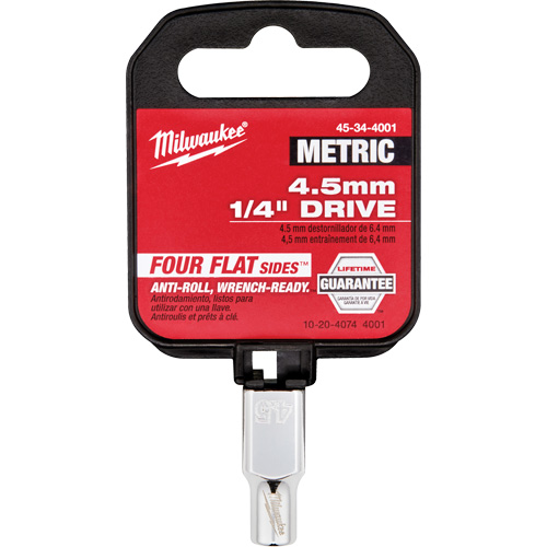 Metric Socket with Four Flat™ Sides, Each, 1/4", Socket Size, 4.5 mm, No. of Points, 6, Type, Hand/Standard, Length, Chrome, Manufacturer's Warranty, Lifetime Guarantee
