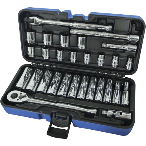 12-Point Ratchets & Sockets Combination Sets, Each, 3/8", Type, Hand/Standard, Length, Deep, No. of Pieces, 30, Chrome Vanadium, Number of Geared Teeth, 48, Number of Points