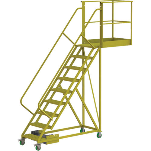 Cantilever Rolling Ladder, Frame Material, Steel, Cantilever Style, Unsupported, No. of Steps, 9, Platform Depth, 40", Finish, Yellow powder coat finish, Base Depth, 117"