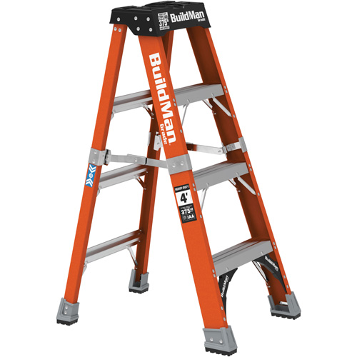 Step Ladder, 4', Material, Fibreglass, Capacity, 375 lbs., Base Width, 21", Base Depth, 21" W x 45.75" D x 45.75" L (53.3 x 116.2 x 116.2 cm), Closed Dimensions, 21" W x 7.5" D x 50" H (53.3 x 19.1 x 127 cm), Weight