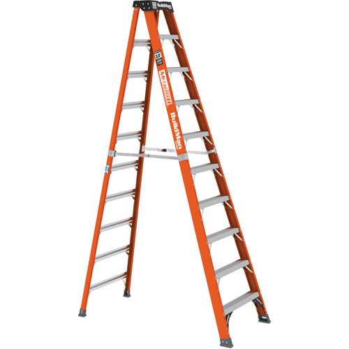 Step Ladder, 10', Material, Fibreglass, Capacity, 375 lbs., Base Width, 31", Base Depth, 31" W x 63.5" D x 114.25" H (78.7 x 161.3 x 290.2 cm), Closed Dimensions, 31" W x 7.5" D x 121.75" H (78.7 x 19.1 x 309.2 cm), Weight