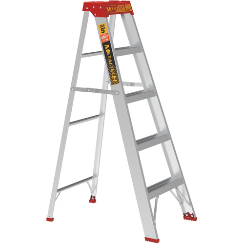 Step Ladder, 5', Material, Aluminum, Capacity, 200 lbs., Base Width, 21.5", Base Depth, 21.5" W x 33.5" D x 57.25" H (54.6 x 85.1 x 145.4 cm), Closed Dimensions, 21.5" W x 6.5" D x 61.5" H (54.6 x 16.5 x 156.2 cm), Weight
