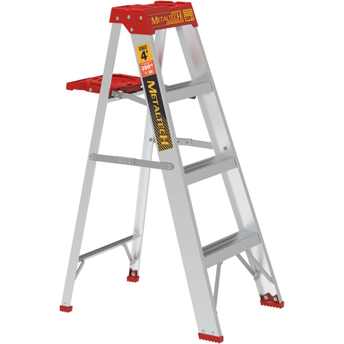 Step Ladder with Paint Tray, 4', Material, Aluminum, Capacity, 200 lbs., Base Width, 19.75", Base Depth, 19.75" W x 30.25" D x 46" H (50.2 x 76.8 x 116.8 cm), Closed Dimensions, 19.75" W x 6.5" D x 49.5" H (50.2 x 16.5 x 125.7 cm), Weight