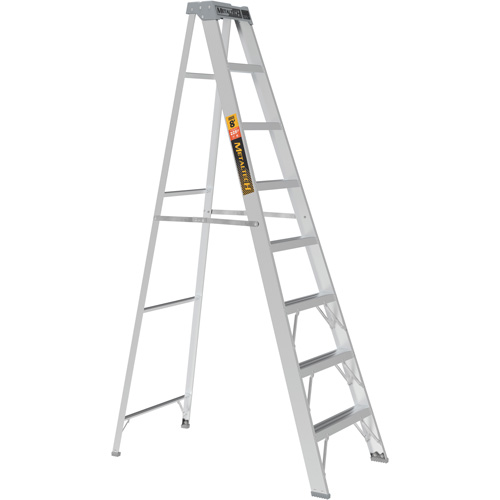 Step Ladder, 8', Material, Aluminum, Capacity, 225 lbs., Base Width, 26.25", Base Depth, 26.25" W x 50.5" D x 91.5" H (66.7 x 128.3 x 232.4 cm), Closed Dimensions, 26.25" W x 6.5" D x 97.5" H (66.7 x 16.5 x 247.7 cm), Weight