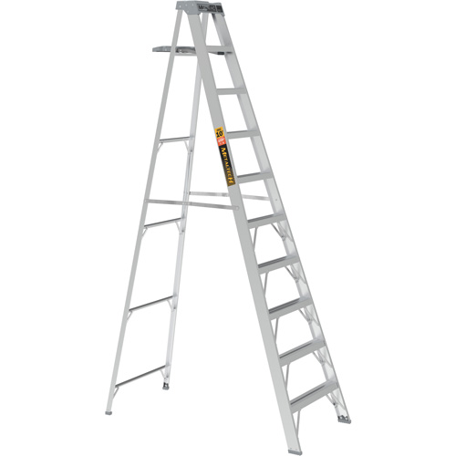 Step Ladder with Paint Tray, 10', Material, Aluminum, Capacity, 225 lbs., Base Width, 29.75", Base Depth, 29.75" W x 62" D x 114.25" H (75.6 x 157.5 x 290.2 cm), Closed Dimensions, 29.75" W x 6.5" D x 121.5" H (75.6 x 16.5 x 308.6 cm), Weight