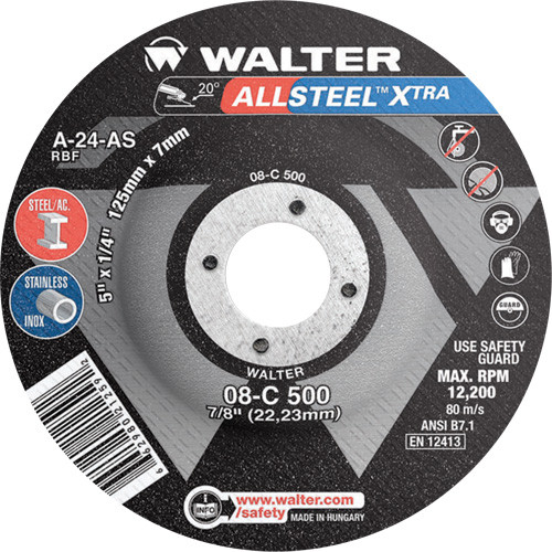 Allsteel Xtra™ Depressed Centre Grinding Wheel, Each, 5", Thickness, 1/4", Arbor Size, 7/8", Max. RPM, 12200, Type, A-24-AS