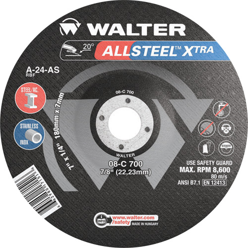 Allsteel Xtra™ Depressed Centre Grinding Wheel, Each, 7", Thickness, 1/4", Arbor Size, 7/8", Max. RPM, 8600, Type, A-24-AS