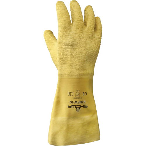 67NFW General Purpose Gloves, Pair, Large/10, Shell Material, Cotton, Coating, Rubber Latex, Coating Style, Full Dip, Inner Lining, 14", Colour, Yellow, Abrasion Resistance