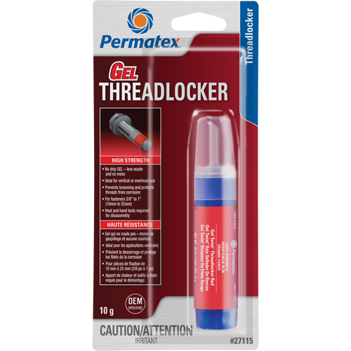 Gel Threadlocker, Format, 10 g, Container Type, Tube, Strength, High, Holding Pressure, 3000 PSI, Standard(s) Met, ASTM D5363 AN0221 (Mil-S-46163A, Type I, Grade K)