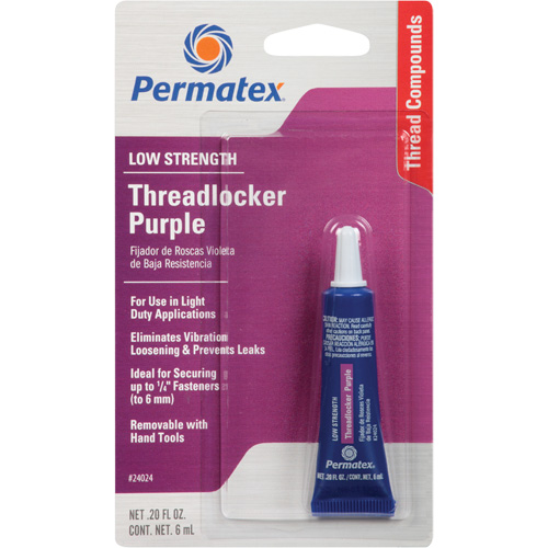 Threadlocker, Format, 6 ml, Container Type, Tube, Strength, Low, Fixture Time, 20 min.