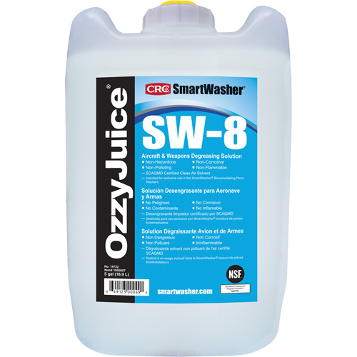 SmartWasher® Ozzyjuice® SW-8 Aircraft & Weapons Degreasing Solution, Format, 5 gal., Container Type, Jug, Flash Point (F), >230, Military Specification Number, MIL-PRF-29602A